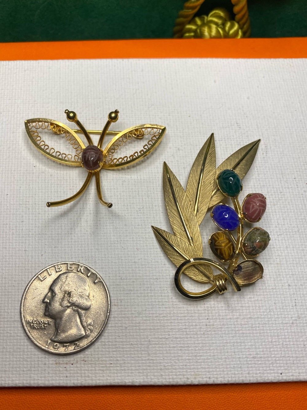 Vintage gold filled Butterfly & Leaf Brooch Set with Multicolor Scarabs